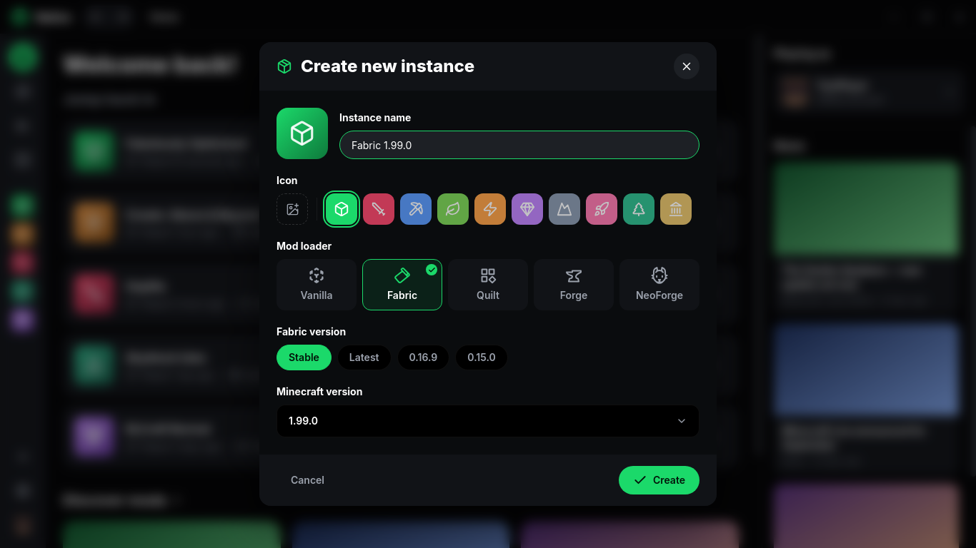 Create instance dialog with loader and version pickers
