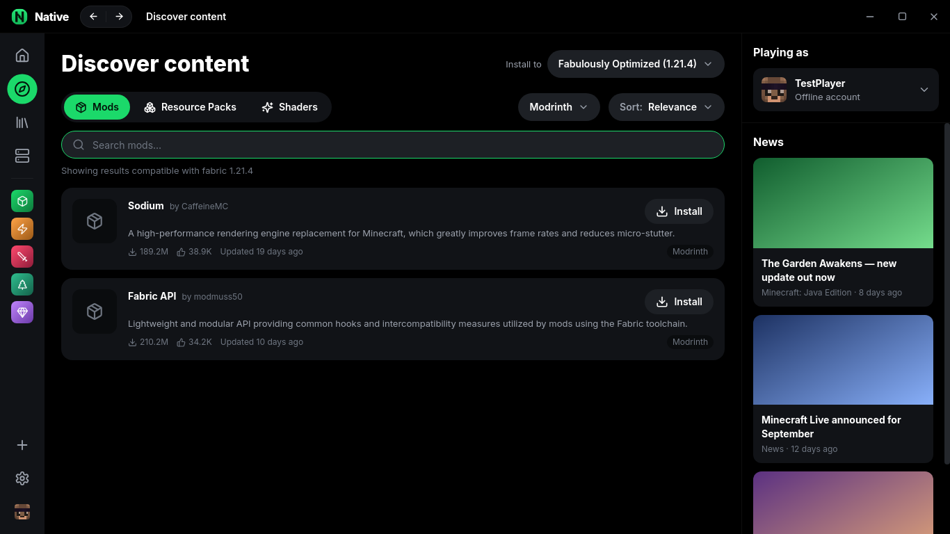 Discover screen searching mods with one-click install