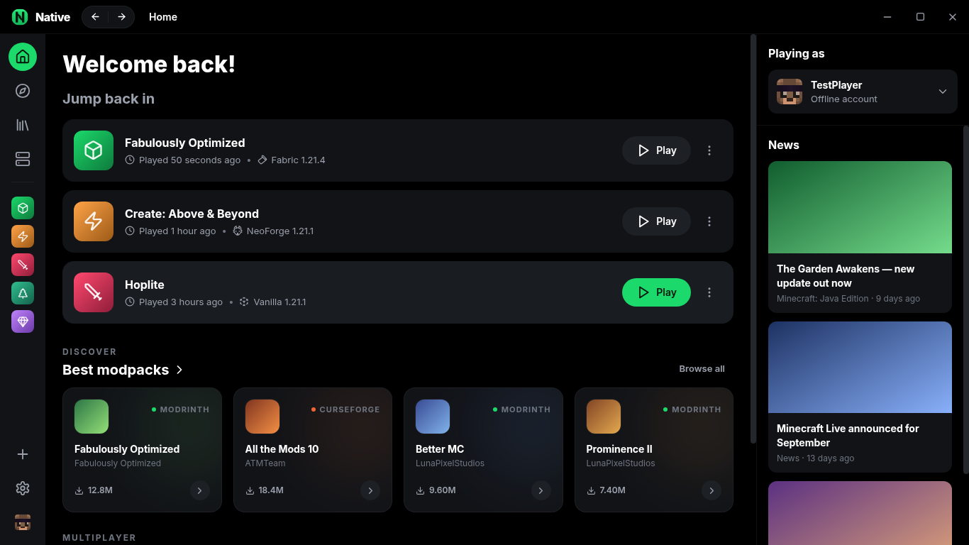 Native home screen — instances with one-click play, live news and your player profile