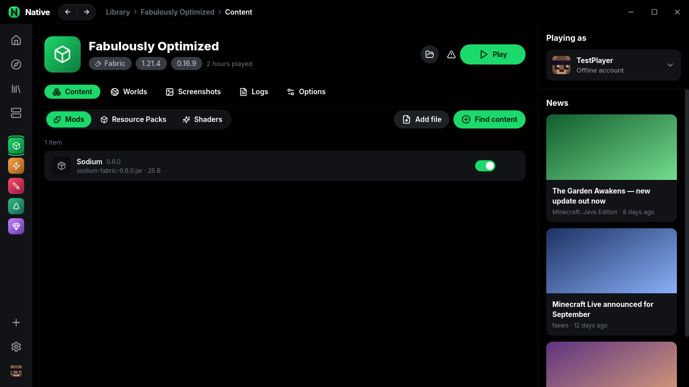 Instance screen with content, worlds, screenshots, logs and options